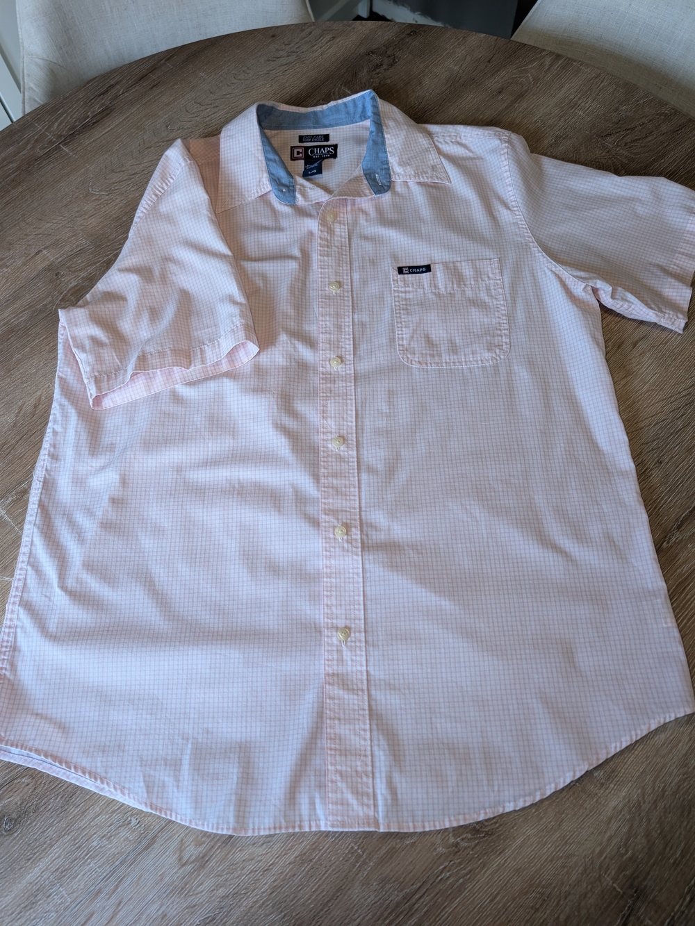 Chaps Men's Light Pink And White Short Sleeve Button Up Shirt